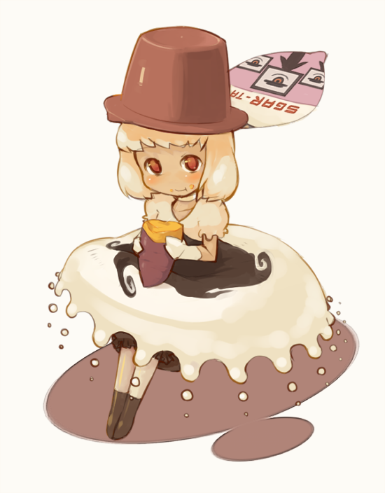 blonde_hair, dress, eating, food, food_on_face, gloves, hat, masha, pudding, red_eyes, short_hair, sitting, sujah-tan, sweet_potato