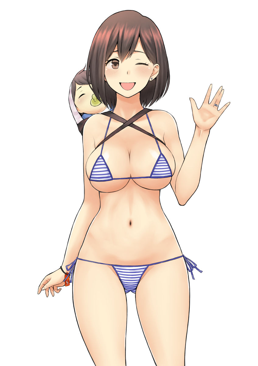 1girl, baby, bikini, blush, breasts, brown_eyes, brown_hair, cleavage, closed_eyes, earrings, hair_between_eyes, highres, jewelry, large_breasts, mature_female, mother_and_child, navel, neginegio, one_eye_closed, original, pacifier, parent_and_child, side-tie_bikini_bottom, simple_background, smile, solo_focus, string_bikini, striped_bikini, striped_clothes, swimsuit, waving, white_background, wide_hips