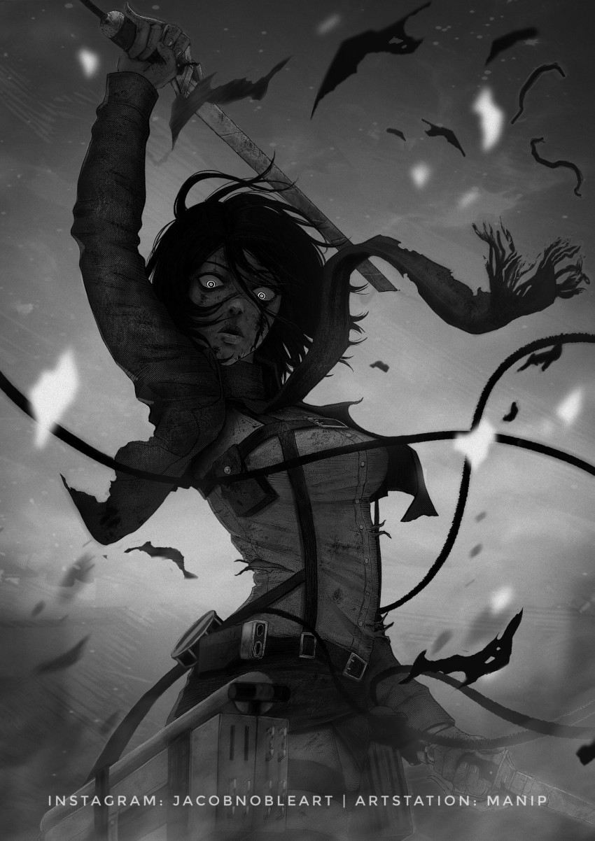 1girl, absurdres, belt, black_hair, dual_wielding, female_focus, grey_background, greyscale