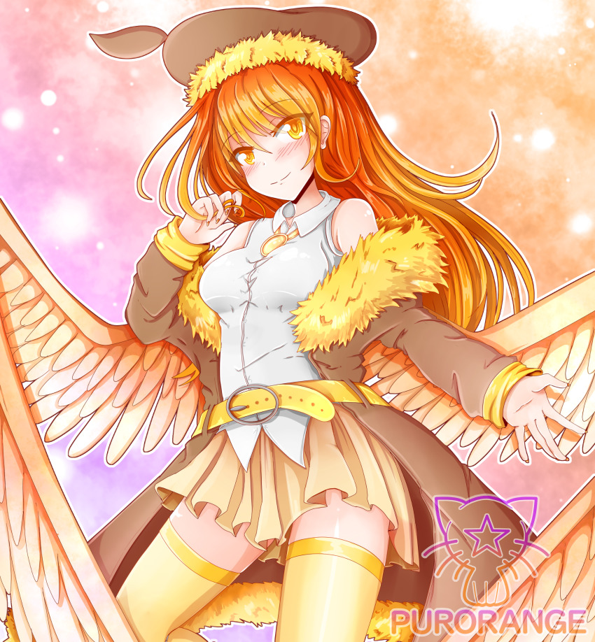 1girl, absurdres, blouse, breasts, brown_hat, female_focus, fur-trimmed_headwear, fur_trim, gacha_(lunime), gacha_(series), gacha_world, gachaworld, hat, highres, jacket, jewelry, lunime, necklace, orange_eyes, orange_hair, phoenix_ami, pur_orange, shirt, sleeveless, sleeveless_shirt, smile, solo, thighhighs, white_shirt, wings, yellow_thighhighs