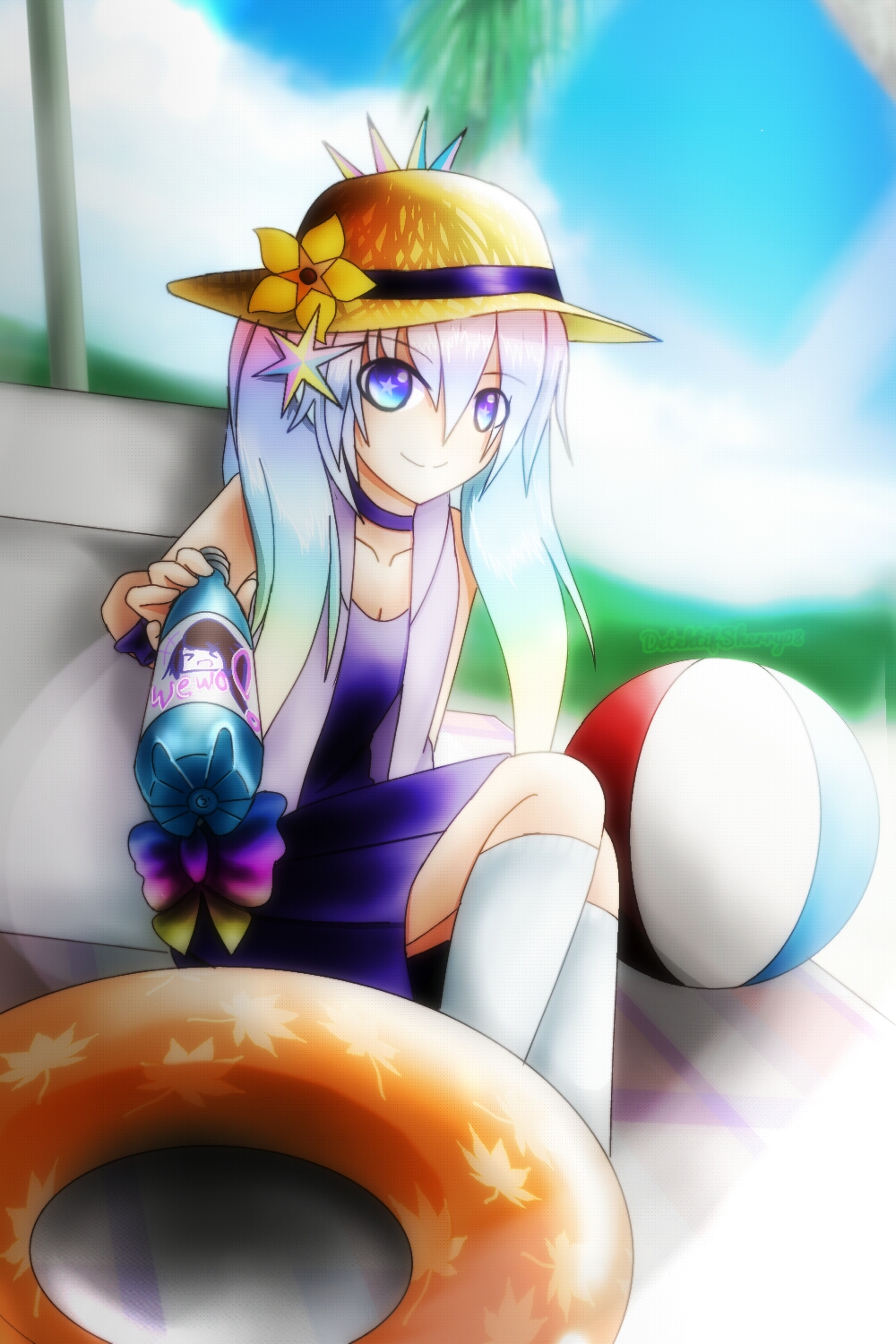 1girl, bottle, ellie_(gachaworld), gacha_(lunime), gacha_(series), gacha_world, gachaworld, hat, highres, lunime, multicolored_hair, retayu_arth, smile, straw_hat