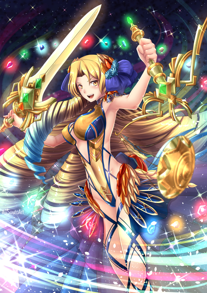 1girl, adsouto, astraea_(fate), astraea_(second_ascension)_(fate), big_hair, blonde_hair, blue_hair, bow