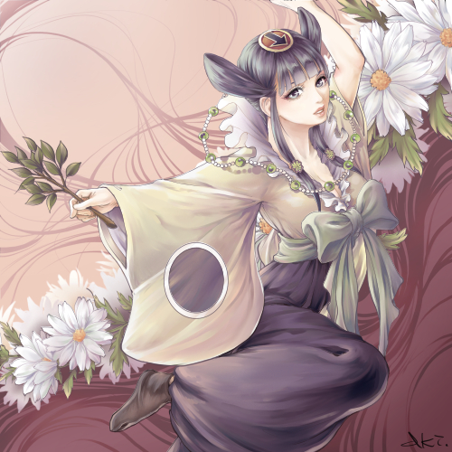 1girl, bad_id, bad_pixiv_id, black_hair, black_legwear, blunt_bangs, bow, branch, breasts, cleavage, cone_hair_bun, dress, female_focus, flower, full_body, green_bow, hair_bun, hair_ornament, hair_rings, japanese_clothes, jewelry, long_hair, lowres, necklace, princess_rei, saga, saga_frontier, sidelocks, simple_background, solo, touka_(akira_nogi), wide_sleeves
