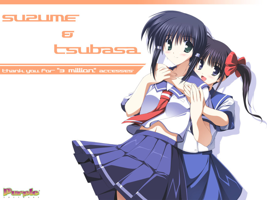 2girls, :d, akiiro_renka, black_hair, blue_eyes, blue_hair, blush, bow