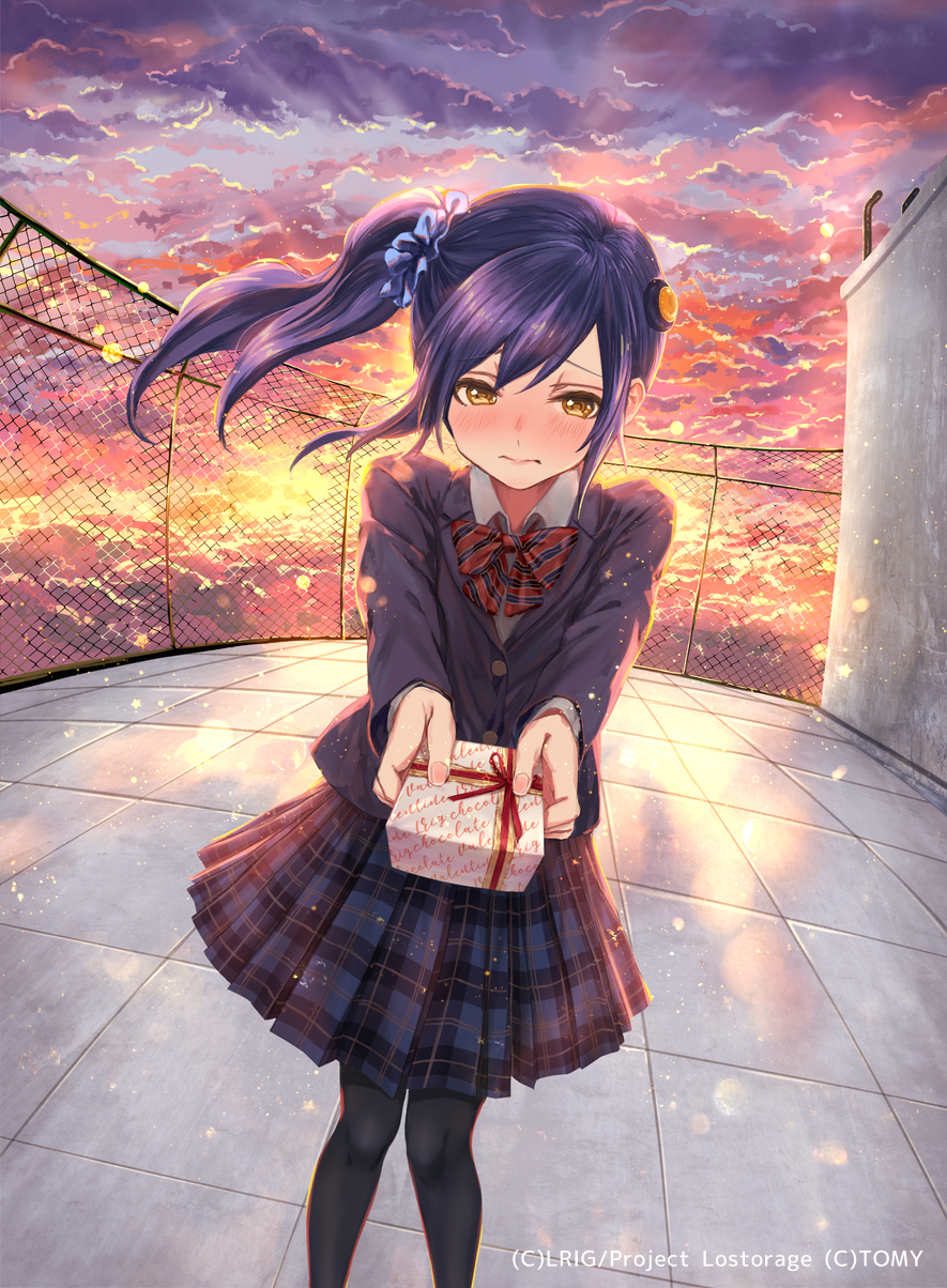 1girl, black_jacket, black_pantyhose, blue_skirt, blush, bow, bowtie, box, closed_mouth, collared_shirt, copyright_name, day, dqn_(dqnww), female_focus, gift, gift_box, highres, holding, holding_box, jacket, long_hair, long_sleeves, miniskirt, outdoors, pantyhose, piruluk_(lostorage_wixoss), plaid_clothes, plaid_skirt, pleated_skirt, purple_hair, school_uniform, shirt, skirt, solo, standing, striped_bow, striped_bowtie, striped_clothes, striped_neckwear, white_shirt, wing_collar, wixoss, yellow_eyes