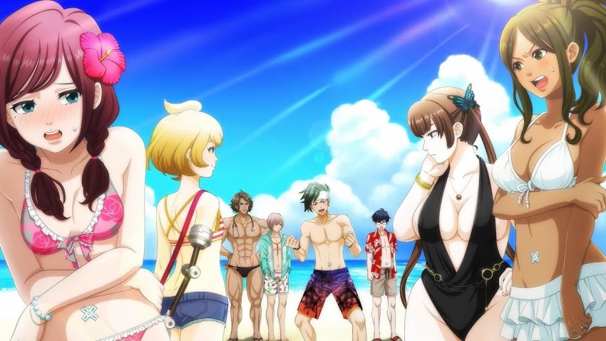 4boys, 4girls, aqua_jacket, bikini, bikini_skirt, bikini_top_only, black_one-piece_swimsuit, black_ribbon