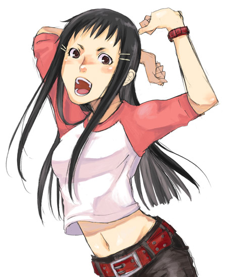 arms_up, belt, black_hair, brown_eyes, giga_tokyo_toybox, hairclip, long_hair, midriff