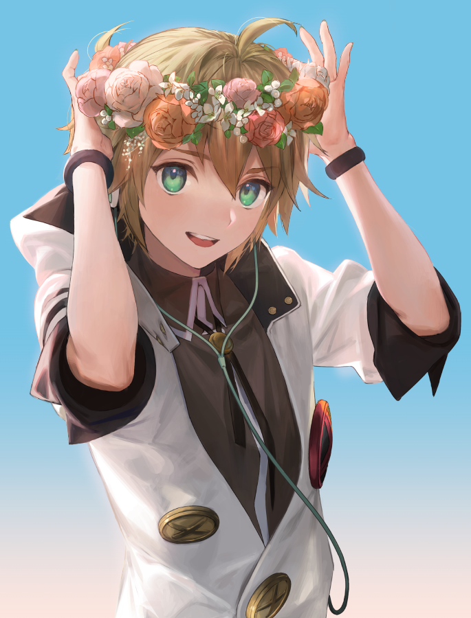 1boy, ahoge, arms_up, black_shirt, blonde_hair, buttons, cable, collared_shirt, commentary, flower, green_eyes, head_wreath, headphones, hood, hoodie, kagamine_len, kagamine_len_(white_edge), leaf, looking_at_viewer, male_focus, naoko_(naonocoto), neck_ribbon, open_mouth, orange_flower, orange_rose, pink_flower, pink_rose, ponytail, project_diva_(series), red_flower, red_rose, ribbon, rose, shirt, short_ponytail, smile, solo, upper_body, vocaloid, white_flower, white_hoodie, wristband