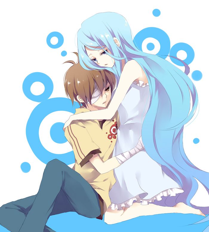 1boy, 1girl, bad_id, bad_pixiv_id, bandages, barefoot, blue_eyes, blue_hair