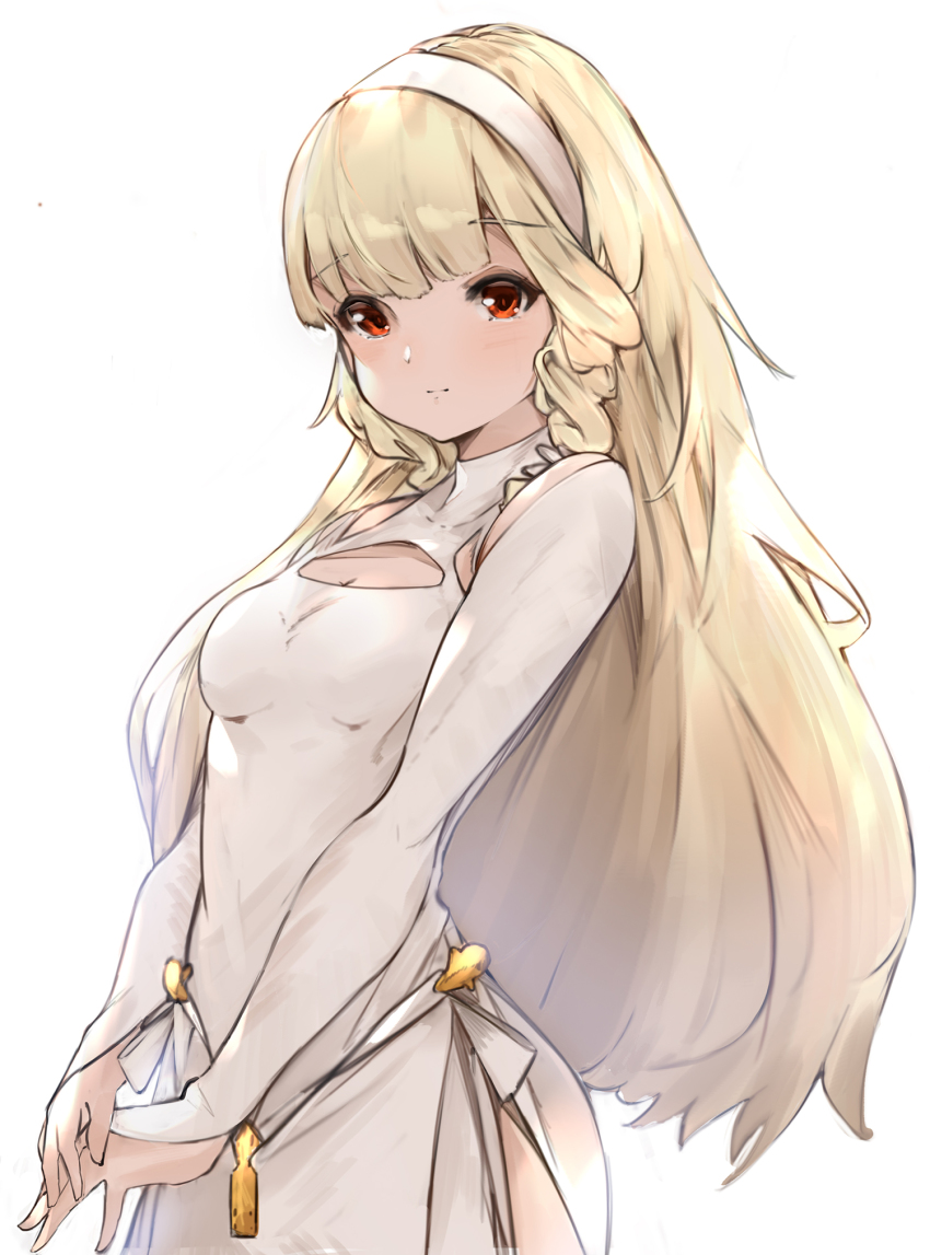 1girl, blonde_hair, breasts, commentary_request, cowboy_shot, detached_sleeves, dress, female_focus