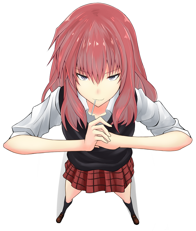 1girl, black_socks, black_sweater_vest, blurry, brown_shoes, candy, closed_mouth, collarbone