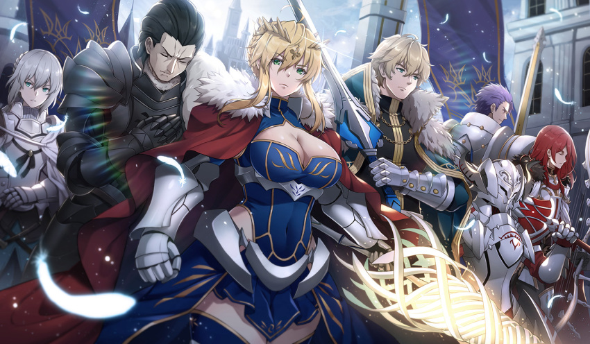 2girls, 5boys, agravain_(fate), ahoge, airgetlam_(fate), armor, arondight_(fate), artoria_pendragon_(fate)