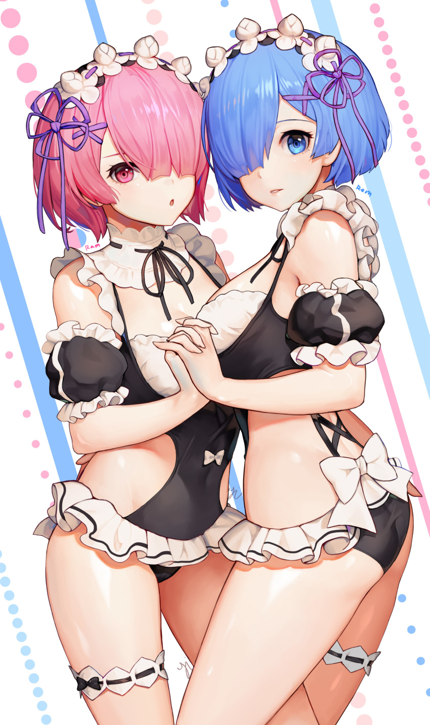 2girls, absurdres, adapted_costume, ass, black_one-piece_swimsuit, blue_eyes, blue_hair, bow