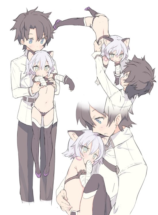 1boy, 1girl, age_difference, animal_ear_fluff, animal_ears, ass, bandaged_arm, bandages