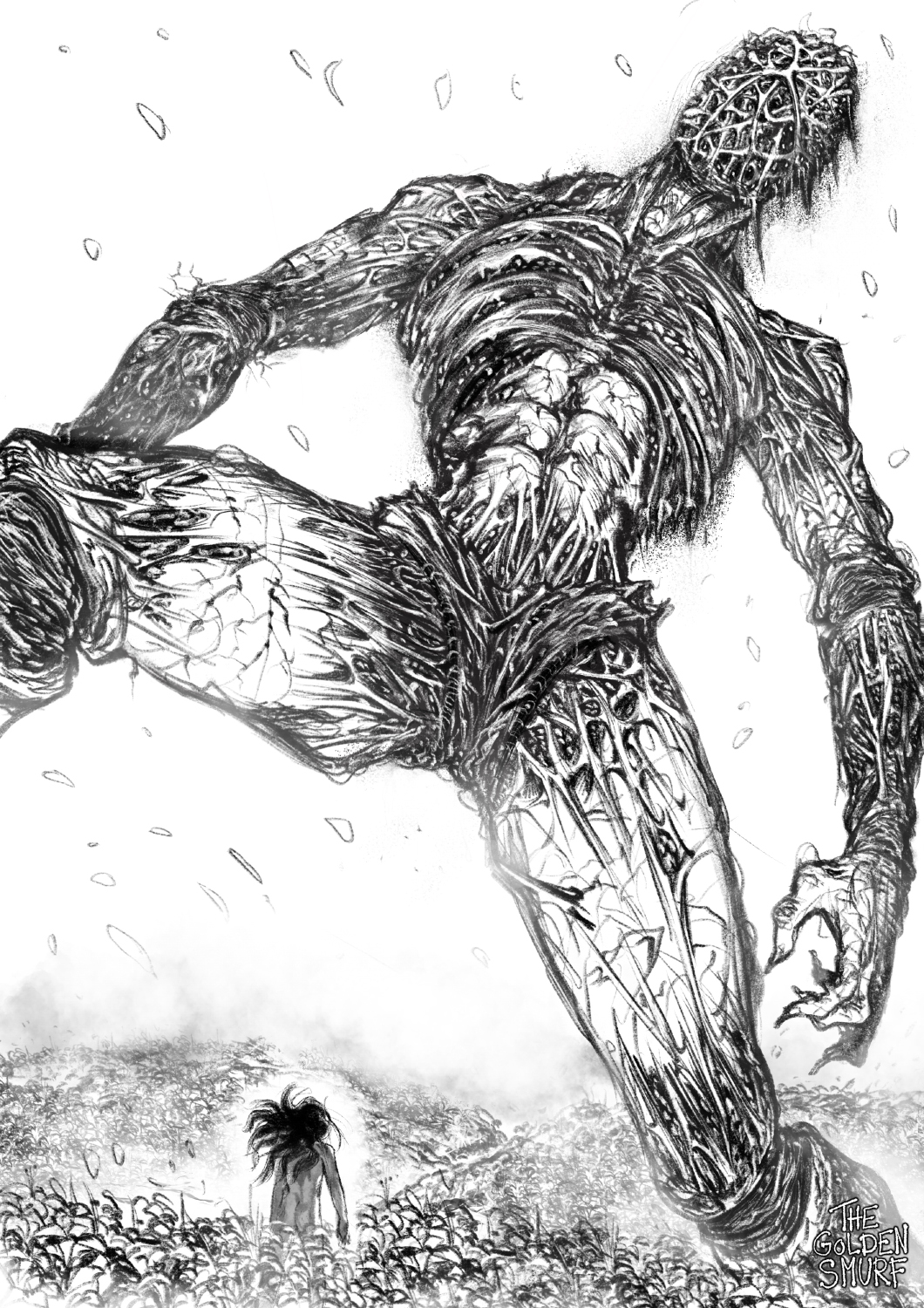 1boy, 1other, arms_at_sides, artist_name, burn_scar, faceless, field, floating_hair, flower, flower_field, giant, god_(one-punch_man), greyscale, highres, homeless_emperor, long_hair, monochrome, nude, one-punch_man, petals, scar, size_difference, solo_focus, spoilers, standing, the_golden_smurf, wind