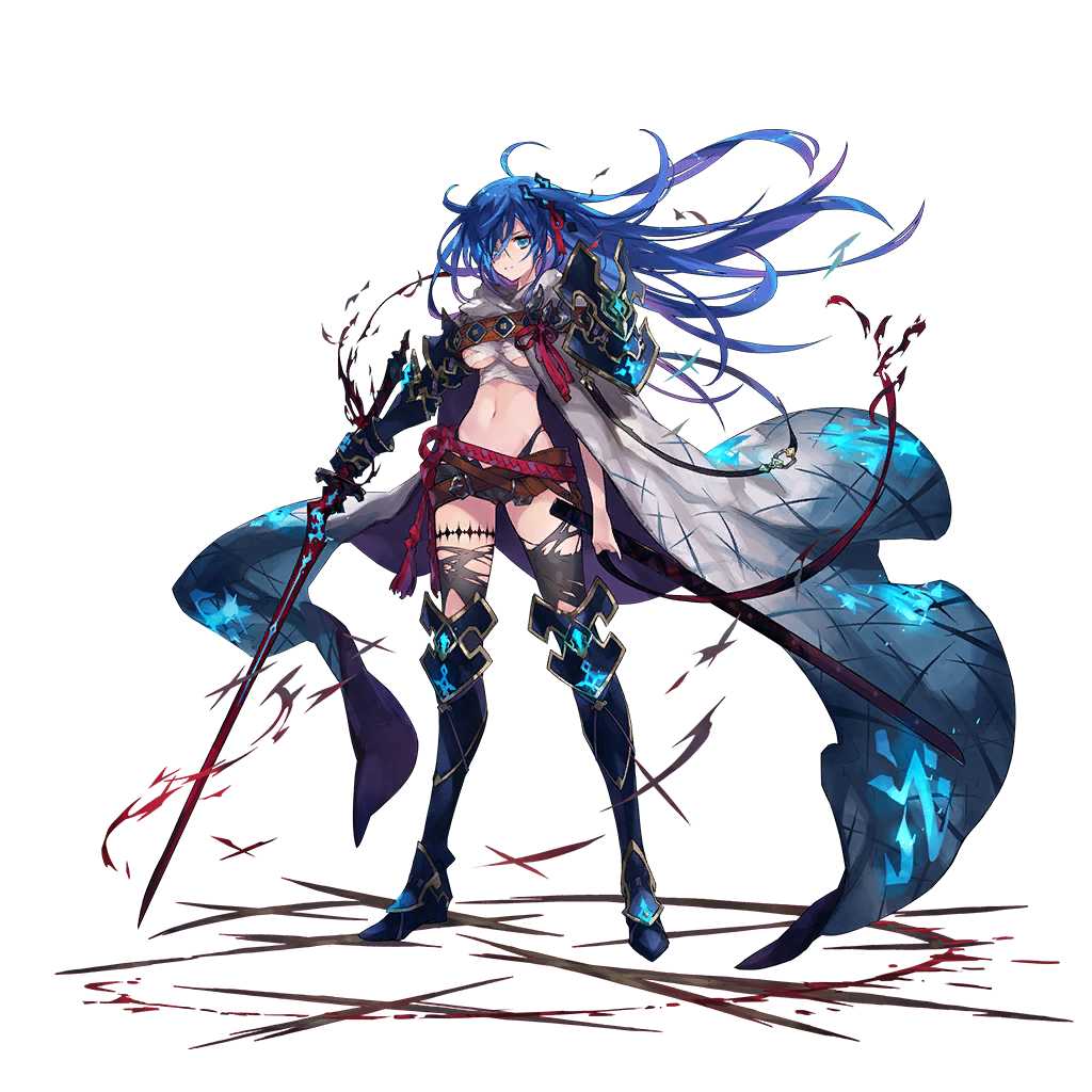 1girl, ahoge, aqua_eyes, armor, belt, blood, blood_on_ground, blood_splatter, blue_hair, breasts, cape, female_focus, fire, full_body, gauntlets, glowing, glowing_markings, glowing_sword, glowing_weapon, greaves, hair_between_eyes, hair_ornament, holding, holding_sheath, japanese_armor, katana, leg_tattoo, long_hair, looking_at_viewer, medium_breasts, midriff, navel, official_art, samurai, sarashi, setsuna_(ta_ga_tame_no_alchemist), sheath, shorts, side_ponytail, solo, sword, ta_ga_tame_no_alchemist, tattoo, thighhighs, torn_clothes, torn_thighhighs, transparent_background, underboob, weapon