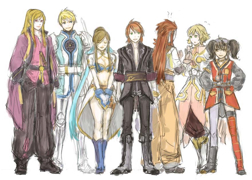 3girls, 4boys, alternate_costume, anise_tatlin, armor, asch_(tales), bikini_armor, black_hair, blonde_hair, blue_footwear, boots, brown_eyes, brown_hair, cosplay, estellise_sidos_heurassein, estellise_sidos_heurassein_(cosplay), flynn_scifo, flynn_scifo_(cosplay), gloves, goggles, green_eyes, grey_footwear, guy_cecil, jade_curtiss, judith_(cosplay), judith_(tales), karol_capel, karol_capel_(cosplay), knee_boots, long_hair, luke_fon_fabre, multiple_boys, multiple_girls, natalia_luzu_kimlasca_lanvaldear, pantyhose, raven_(tales), raven_(tov)_(cosplay), red_hair, rita_mordio, rita_mordio_(cosplay), single_leg_pantyhose, tales_of_(series), tales_of_the_abyss, tales_of_vesperia, tear_grants, twintails, yuri_lowell, yuri_lowell_(cosplay)