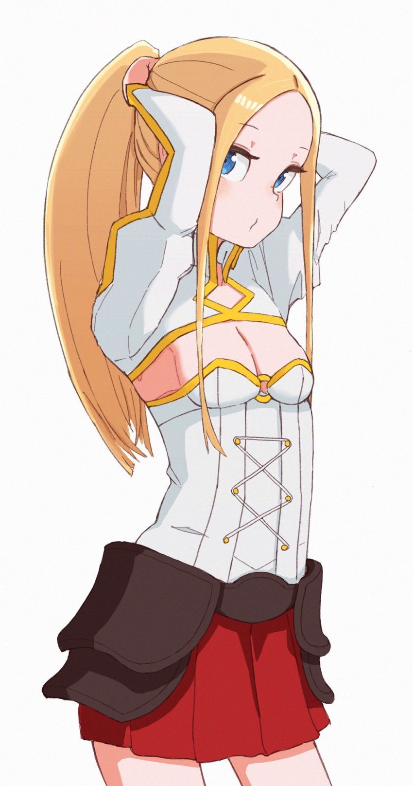 1girl, abigail_williams_(fate), adjusting_hair, blonde_hair, blue_eyes, boudica_(fate), boudica_(fate)_(cosplay), boudica_(second_ascension)_(fate)