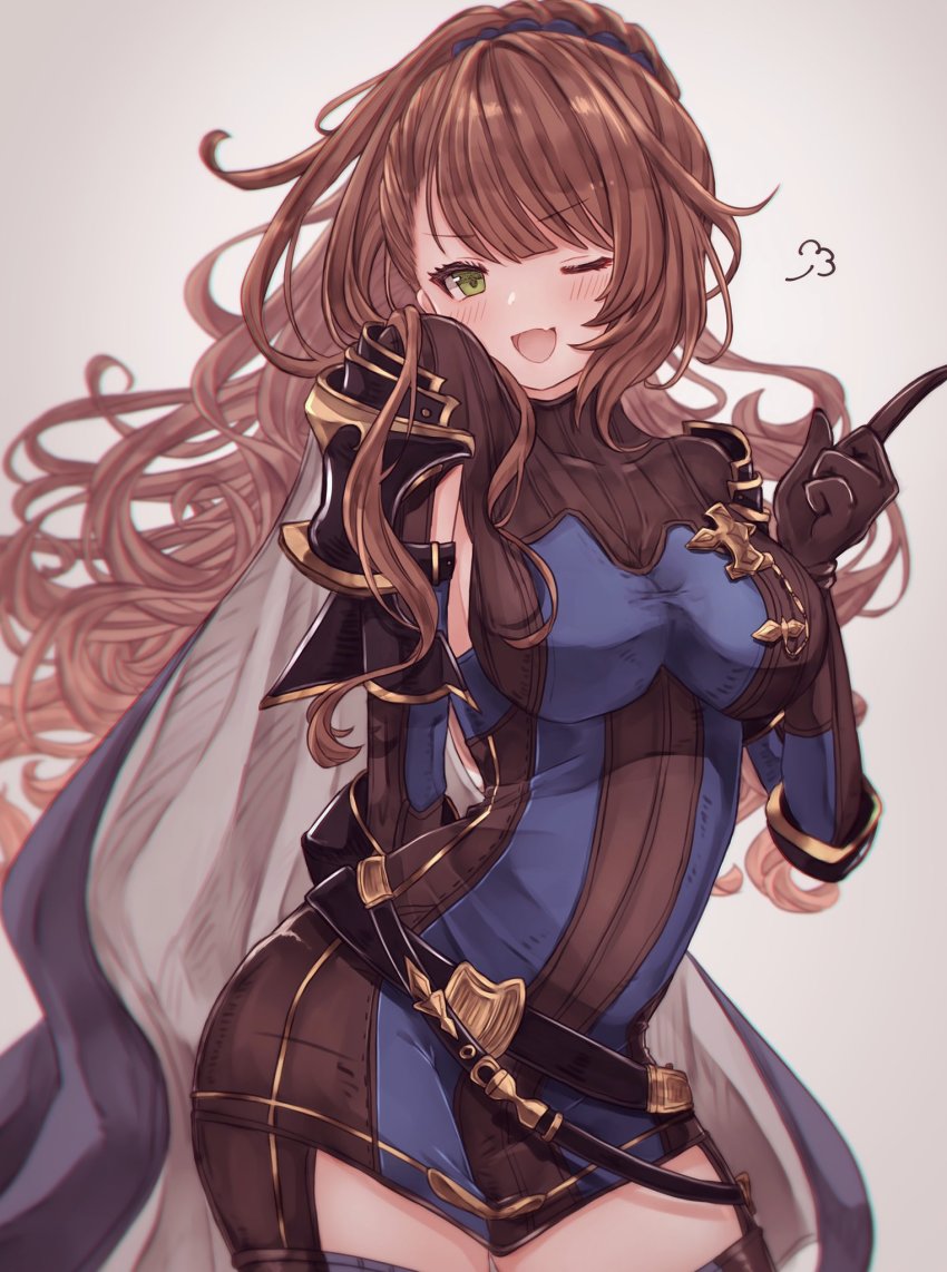 1girl, ;d, arm_behind_back, armor, armpit_cutout, asymmetrical_bangs, beatrix_(granblue_fantasy), belt