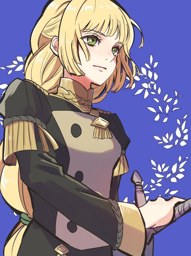 1girl, blonde_hair, blue_background, blunt_bangs, closed_eyes, eyes_visible_through_hair, female_focus, fire_emblem