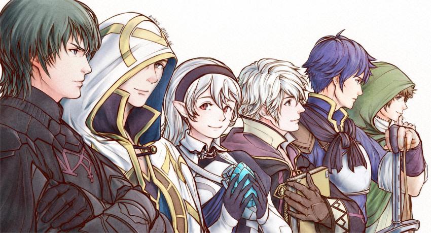1girl, 5boys, armor, black_hairband, blue_hair, book, breastplate, brown_gloves, brown_hair, closed_mouth, crossed_arms, dated, female_corrin_(fire_emblem), fire_emblem, fire_emblem:_new_mystery_of_the_emblem, fire_emblem:_the_blazing_blade, fire_emblem:_three_houses, fire_emblem_awakening, fire_emblem_fates, fire_emblem_heroes, gloves, hairband, highres, holding, holding_book, hood, hood_down, hood_up, kiran_(fire_emblem), long_hair, long_sleeves, looking_to_the_side, male_byleth_(fire_emblem), male_kris_(fire_emblem), male_mark_(fire_emblem:_the_blazing_blade), male_robin_(fire_emblem), mark_(fire_emblem:_the_blazing_blade), multiple_boys, nintendo, pointy_ears, red_eyes, short_hair, simple_background, smile, stone, tohka_sd, twitter_username, upper_body, white_background, white_hair