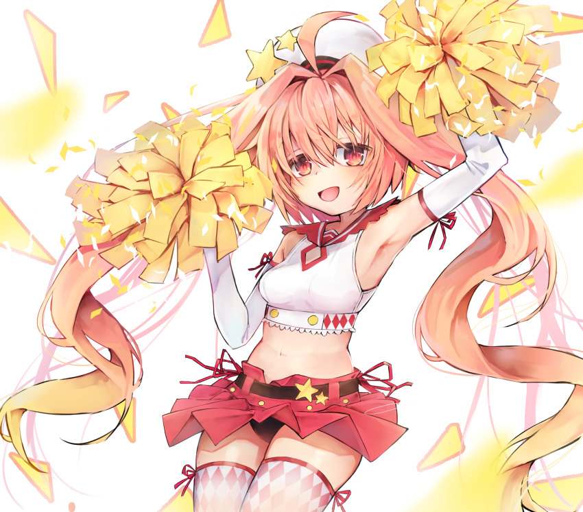1girl, ahoge, alternate_costume, armpits, azur_lane, belt, beret, black_panties, breasts, cheerleader, detached_sleeves, echo_(azur_lane), female_focus, hair_between_eyes, hat, highres, long_hair, looking_at_viewer, midriff, navel, orange_hair, panties, pom_pom_(cheerleading), red_eyes, shinonome_tsukasa, sleeveless, small_breasts, solo, thighhighs, twintails, underwear, white_background