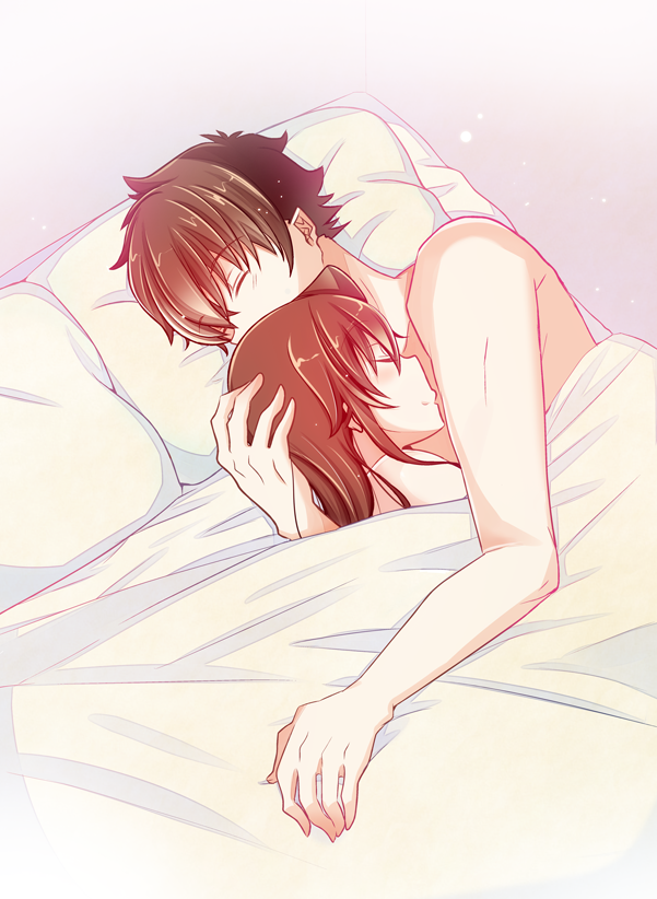bed_sheet, brown_hair, couple, closed_eyes, from_above, hair_between_eyes, hetero, hug, kudou_shin'ichi, lying, meitantei_conan, mouri_ran, nude, on_bed, on_side, pillow, pokurouta, sleeping, under_covers, upper_body