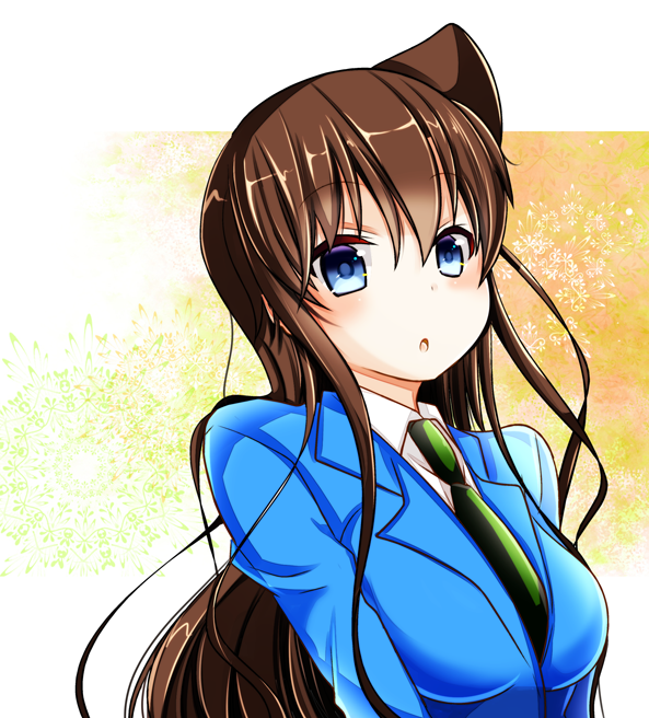 1girl, :o, blue_eyes, blue_jacket, blush, brown_hair, collared_shirt, female_focus