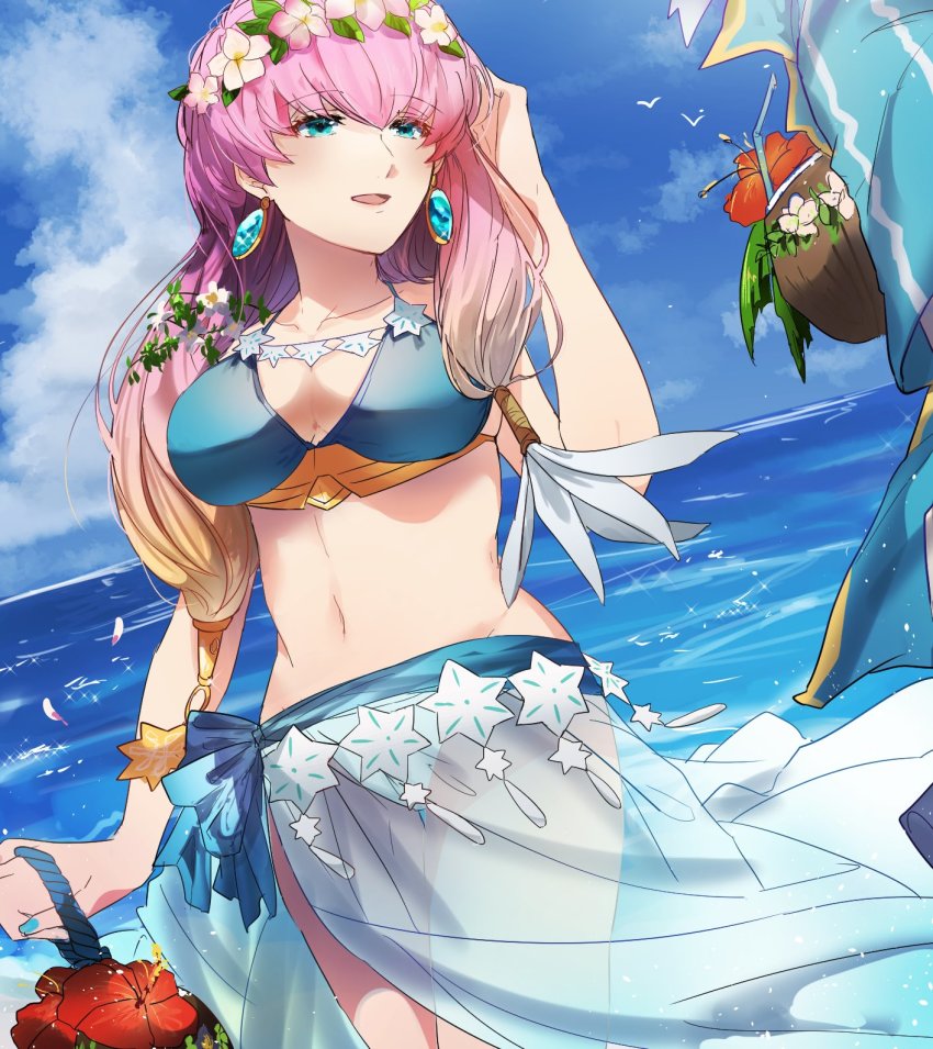 1girl, bikini, blonde_hair, blue_eyes, blue_sky, breasts, cleavage, day, earrings, female_focus, fire_emblem, fire_emblem_heroes, gradient_hair, gunnthra_(fire_emblem), gunnthra_(summer)_(fire_emblem), haru_hikoya, head_wreath, highres, jewelry, large_breasts, long_hair, multicolored_hair, nintendo, open_mouth, outdoors, petals, pink_hair, sarong, sky, solo, swimsuit, water