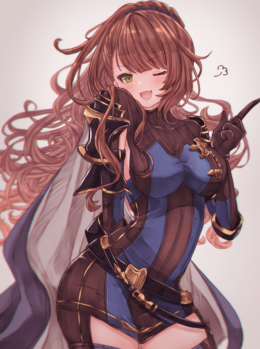 1girl, ;d, absurdres, arm_behind_back, armor, armpit_cutout, asymmetrical_bangs, beatrix_(granblue_fantasy)