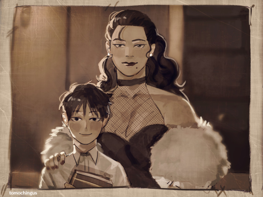 1boy, 1girl, age_difference, aged_down, artist_name, aunt_and_nephew, bare_shoulders, black_choker