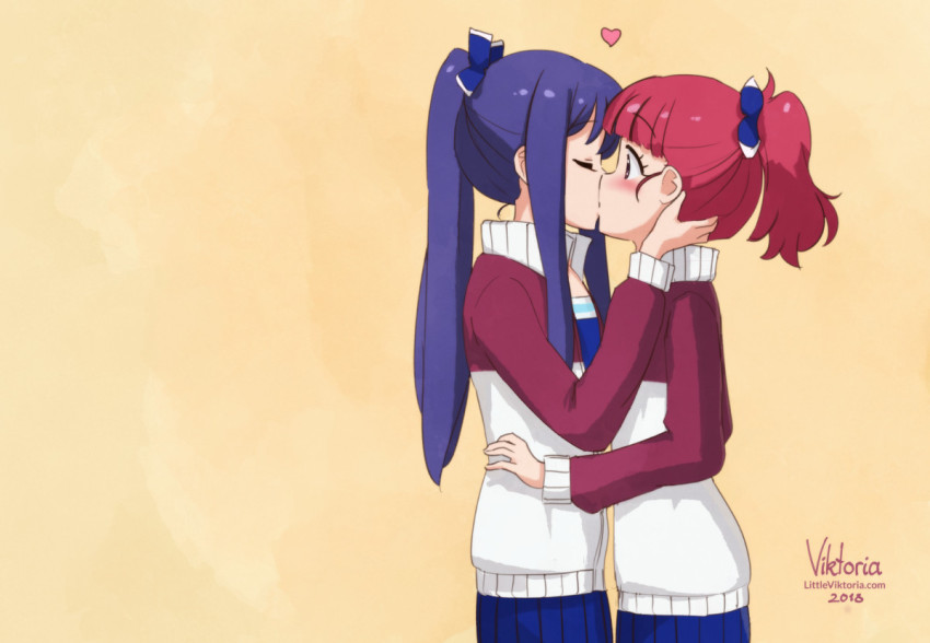 10s, 2018, 2girls, anima_yell!, arima_hizume, blue_hair, blush, cheerleader, couple, dated, closed_eyes, french_kiss, heart, kiss, little_viktoria, long_hair, multiple_girls, ponytail, red_eyes, red_hair, skirt, standing, tagme, ushiku_kana, yuri