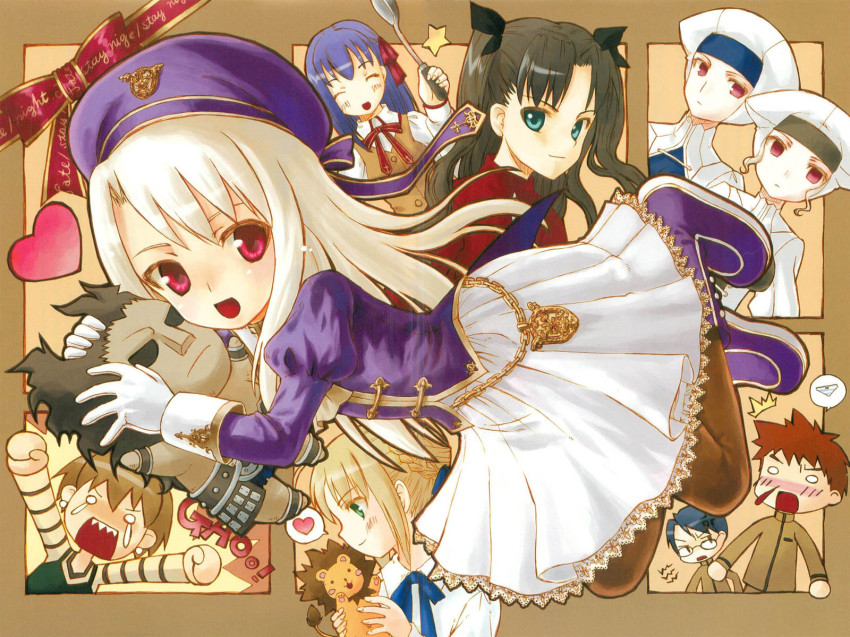 00s, 2boys, 6+girls, :d, artoria_pendragon_(fate), beret, blush, boots