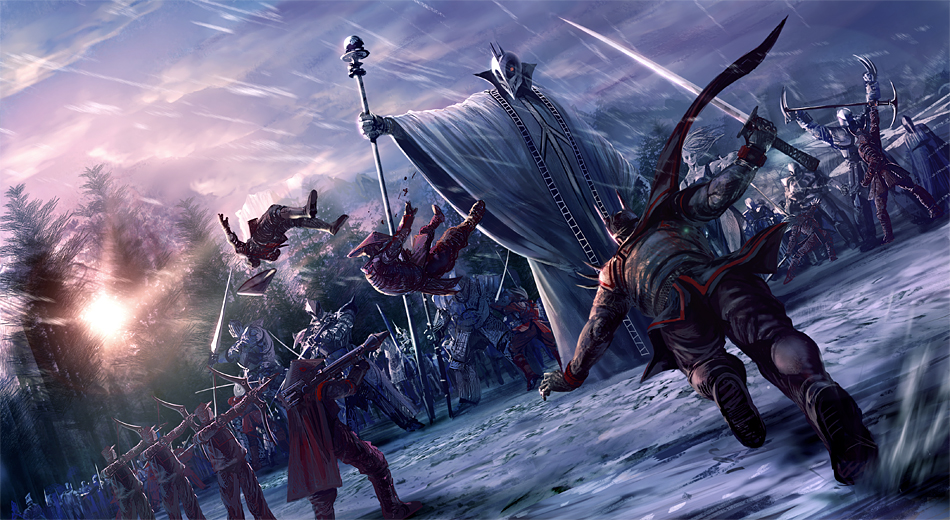 6+boys, action, akatsuhara_empire, battle, bow, bow_(weapon), charging_forward, drake_(pixiv_fantasia), fake_horns, gigandal_federation, gun, helmet, holding, holding_sword, holding_weapon, horned_helmet, horns, kannazuki_(pixiv_fantasia), m1_bazooka, male_focus, multiple_boys, noba, outdoors, pixiv_fantasia, pixiv_fantasia_3, robe, rocket_launcher, snow, soldier, staff, sun, sword, war, weapon