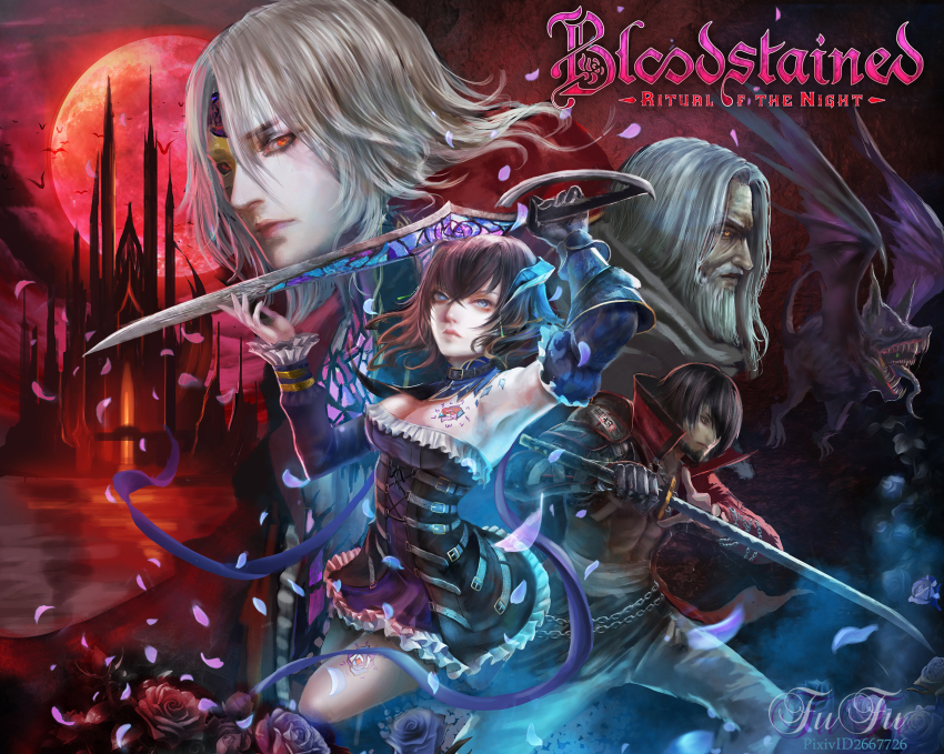 1girl, alfred_(bloodstained), black_hair, bloodstained:_ritual_of_the_night, bloodstained_(series), blue_eyes, breasts, brown_hair