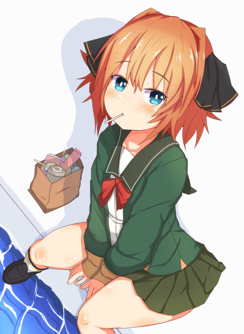 1girl, between_legs, black_ribbon, black_shoes, blue_eyes, brown_hair, candy, cunachio