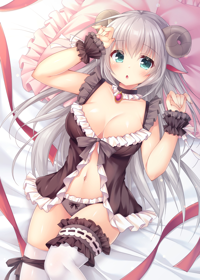 1girl, animal_ears, arm_up, babydoll, bare_shoulders, bed_sheet, black_babydoll, black_choker