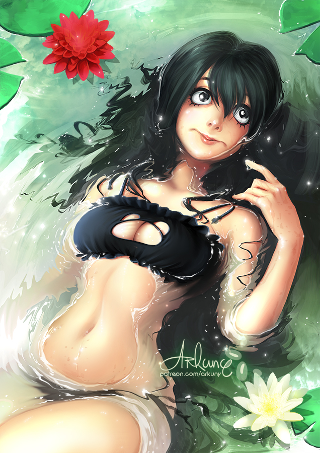10s, 1girl, alternate_costume, arkuny, artist_name, asui_tsuyu, bare_shoulders, black_bra
