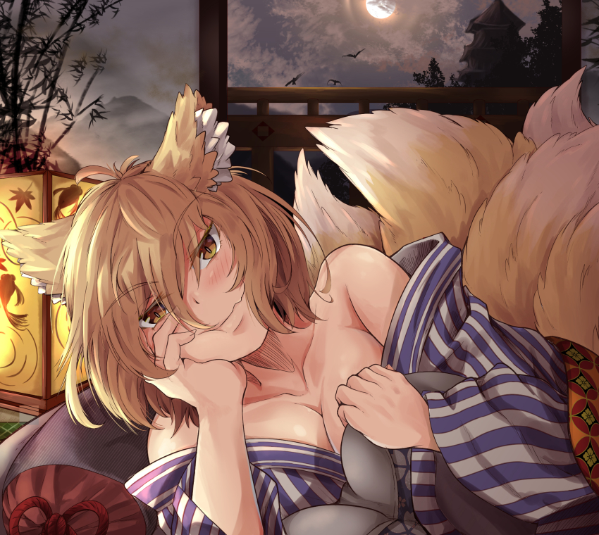 1girl, animal_ear_fluff, animal_ears, arm_support, bag, bare_shoulders, blush, breasts, bright_pupils, brown_eyes, cleavage, closed_mouth, cloud, cloudy_sky, collarbone, commentary_request, eyes_visible_through_hair, female_focus, fox_ears, fox_tail, full_moon, hair_between_eyes, hand_on_own_cheek, hand_on_own_face, head_rest, highres, indoors, japanese_clothes, kimono, large_breasts, light, light_brown_hair, looking_at_viewer, lying, mahimaru, moon, multiple_tails, night, off_shoulder, on_side, seductive_smile, short_hair, sky, slit_pupils, smile, solo, tail, touhou, upper_body, white_pupils, wide_sleeves, yakumo_ran