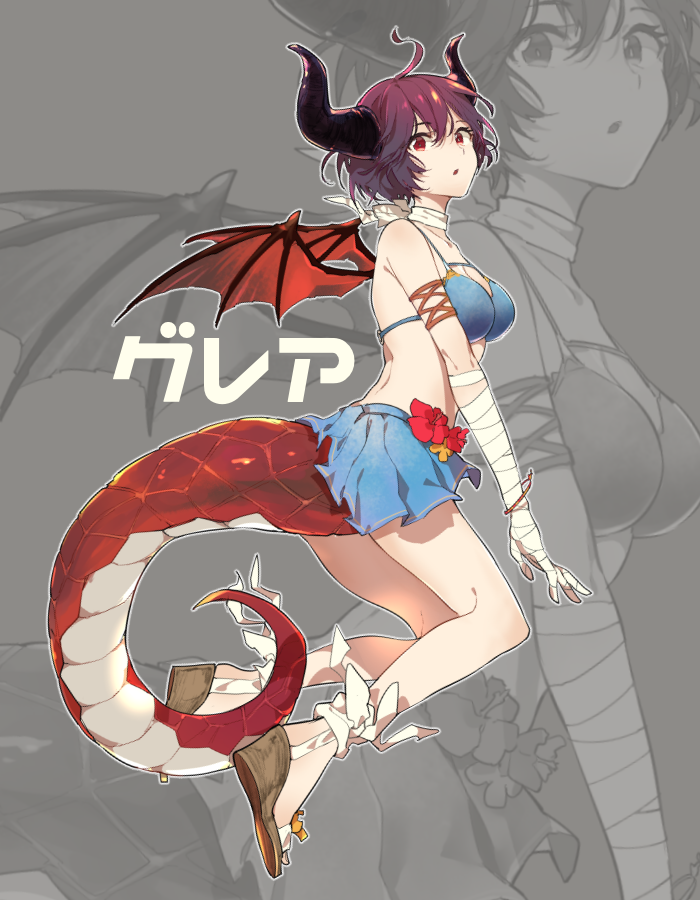 1girl, bikini, blush, breasts, dragon_girl, dragon_horns, dragon_tail, dragon_wings