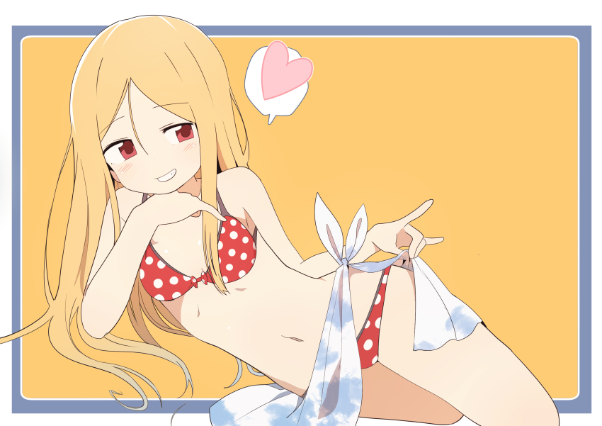 1girl, absurdres, bikini, blonde_hair, blush, bural_chingu, female_focus, grin