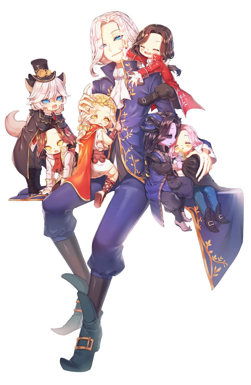 6+boys, :d, ^_^, absurdres, animal_ears, ascot, black_footwear, black_hair