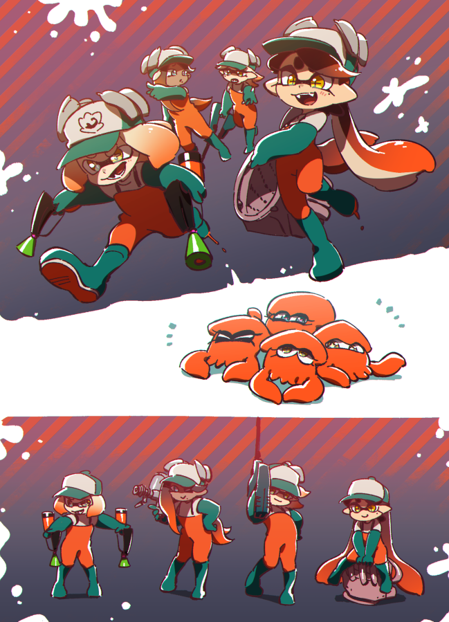 +_+, 4girls, ;), aerospray_(splatoon), baseball_cap, black_hair, boots, brown_eyes