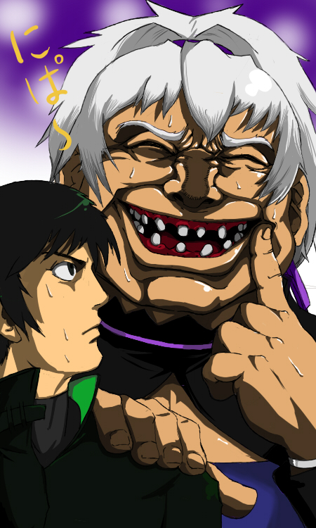 abiko_zyozi, bad_id, bad_pixiv_id, bad_teeth, darker_than_black, fingersmile, hei_(darker_than_black), missing_tooth