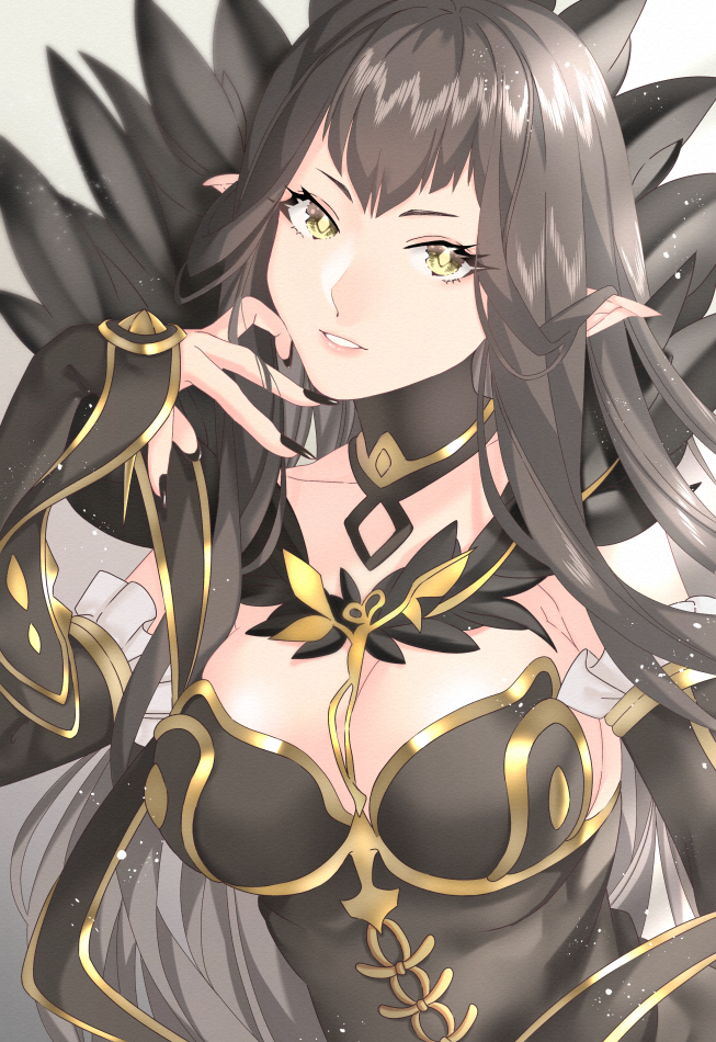 1girl, akapug621, bad_id, bad_pixiv_id, black_dress, black_hair, breasts, cleavage, commentary_request, dress, fate/grand_order, fate_(series), feather_trim, female_focus, large_breasts, long_hair, pointy_ears, semiramis_(fate), sidelocks, solo, very_long_hair, yellow_eyes