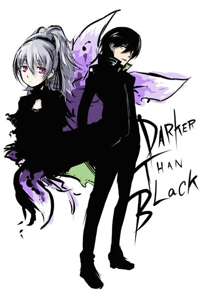 00s, 1boy, 1girl, bad_id, bad_pixiv_id, black_hair, darker_than_black, english_text, hei_(darker_than_black), kanamari_yukikuni, nagiko, purple_eyes, silver_hair, white_background, yin_(darker_than_black)