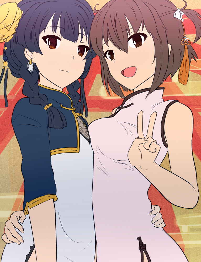 2girls, :d, asymmetrical_docking, bare_arms, bare_shoulders, black_hair, braid, breast_press