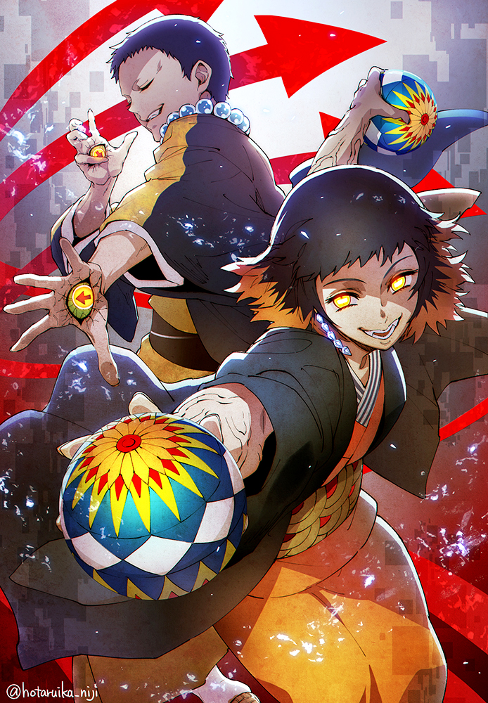 1boy, 1girl, ball, black_hair, closed_eyes, commentary, earrings, fang