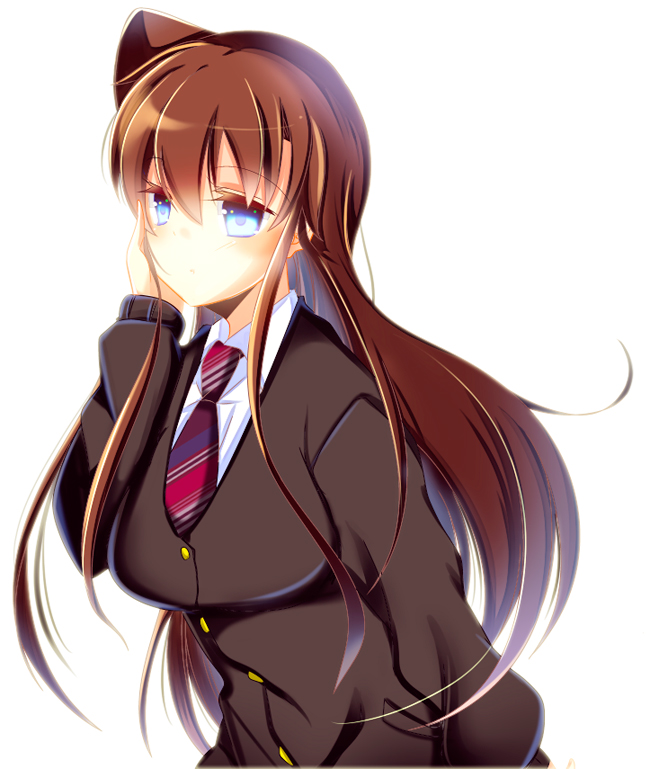 1girl, alternate_costume, black_jacket, blue_eyes, brown_hair, collared_shirt, female_focus, floating_hair