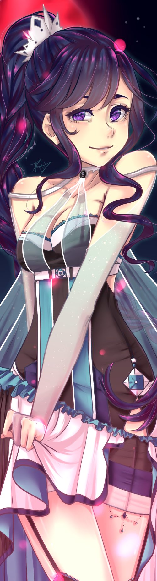 alter/ego, alternate_costume, alys, blue_hair, breasts, cleavage, crown, eyebrows, high_braid, highres, large_breasts, myu_chan, purple_eyes, source_request, voxwave